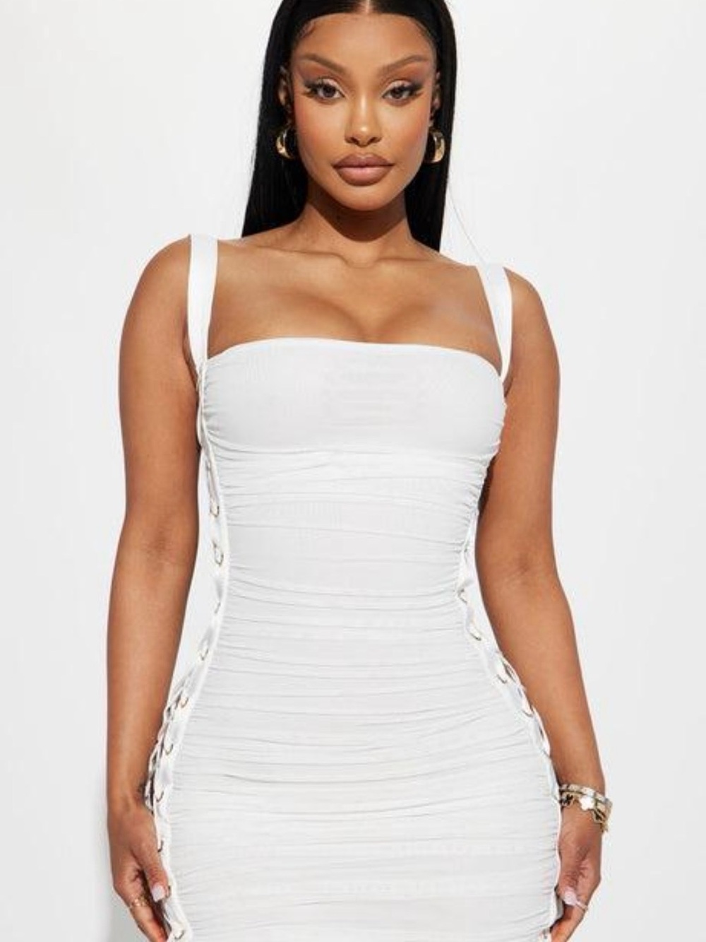 Fashionova NWT White Ruched Lace-Up Bodycon Dress - Women's